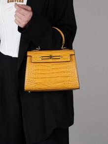 Bolso de moda para mujer de alta gama 2025, bolso de hombro/cruzado de lujo minimalista cuadrado, versátil para la oficina, de patrón de piel de cocodrilo amarillo retro y platino
