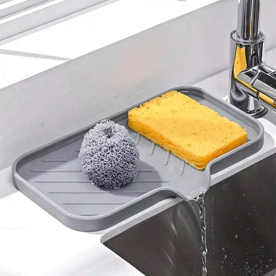 Sink Silicone Tray With Drain Soap Sponge Storage Holder Countertop Sink Scrubber Brush Soap Storage Rack Kitchen Organizer - Grey - View 1