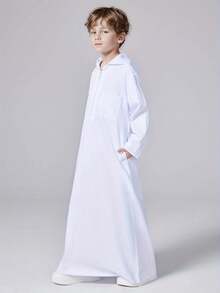 Middle East Muslim Arab Dubai Turkey Solid Color Boy Hooded Zipper Shirt Robe Thobe - White - View 3