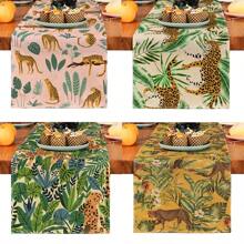 1pc Green Plant & Leopard Printed Table Runner, Suitable For Festivals, Parties, Birthdays, Dinners, Kitchen, Dining Room, Room Decor, Home Textile Decoration, All Seasons
