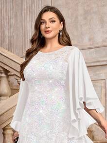 Elegant Sequin Floral Lace Butterfly Sleeve Chiffon Contrast Color Mesh Mermaid Hem Evening Maxi Dress, White Party Gown, Wedding Dress, Bridal Gown - White - View 9