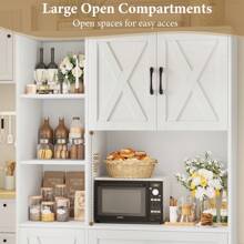 71" Tall Kitchen Pantry Storage Cabinet, Farmhouse Food Pantry Cabinet With Microwave Stand, Barn Doors Kitchen Hutch With Large Drawer And Shelves For Dining