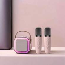 Caixa de Som c/ 2 Microfones Mini karaoke k12 Auto Falante sem Fio Bluetooth Luzes Led Brincadeiras e Diversão para toda Família.