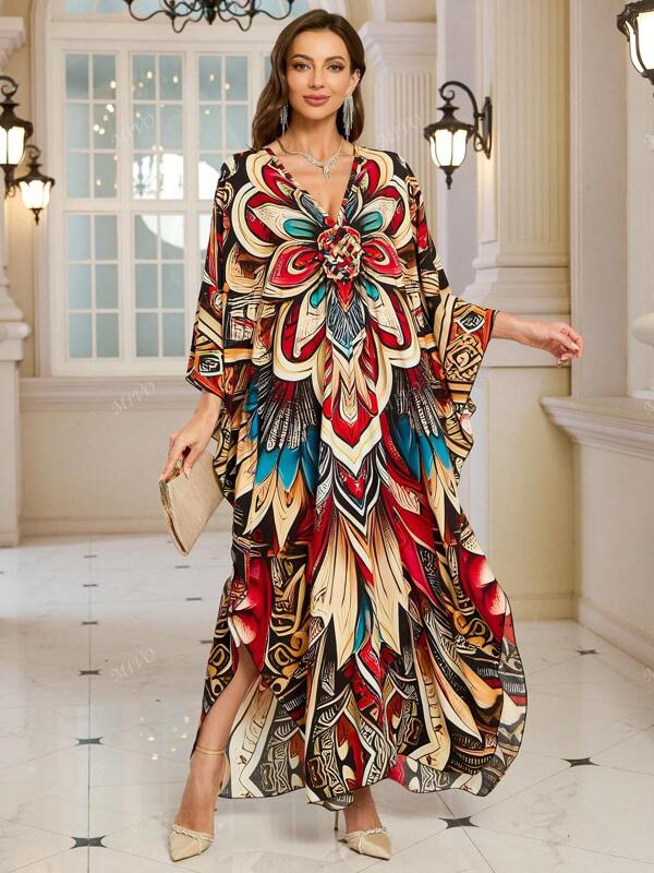 Vestido Kaftan Elegante e Boêmio com Estampa Retrô Folclórica, Vestido Longo Casual de Verão 2025, Túnica de Moda para Casa e Feriados
