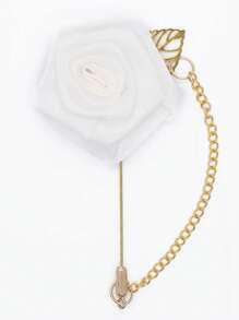 1pc Groom's Satin Lapel Pin With Chain, Golden Leaf & Rose Design For Men's Suit, Suit Decoration For Groomsman, Best Man, Dancing Party, Banquet Valentine's Day Valentines
