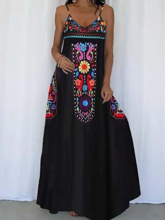 加大码波西米亚风女式花卉印花吊带背心连衣裙，适合春夏季