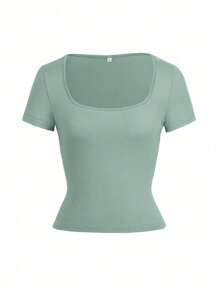 Maglia corta estiva da donna a maglia, collo quadrato, vestibilità aderente, stile Y2K, colore unito