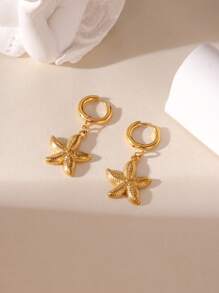 2pcs 18K Gold Stainless Steel Ocean Elements Starfish Crab Shell Stud Earrings, Fashion Color-Preserving Earrings Suitable For Women's Daily Wear And Gift