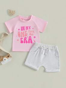 Baby Girl 1st Birthday Outfit Letter Print Short Sleeve Round Neck Tops With Solid Color Shorts 2Pcs Set - 粉色 - 查看 6