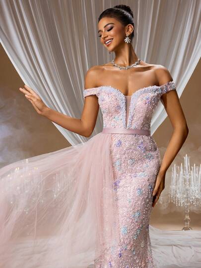 GIFORU Pink Illusion Neckline Evening Gown With 3D Floral Lace & Tiered Tulle Skirt. Elegant Dress For Garden Parties, Red Carpet, Wedding Guest & Prom