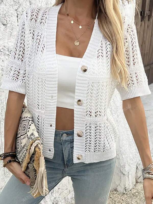 Solid Color Hollow Out Short Sleeve Front Button Up Cardigan, Casual Daily Wear Summer