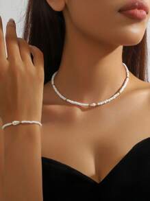 Conjunto de gargantilha curta minimalista + pulseira, conjunto de acessórios artesanais com contas de concha, estilo praiano, moderno e iluminador