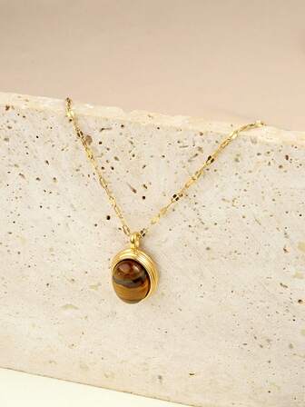 שרשרת 1 יחידה נירוסטה בגוון זהב בציר עם תליון אבן חן חומה, מתאימה ללבוש יומיומי של נשים או כמתנה
