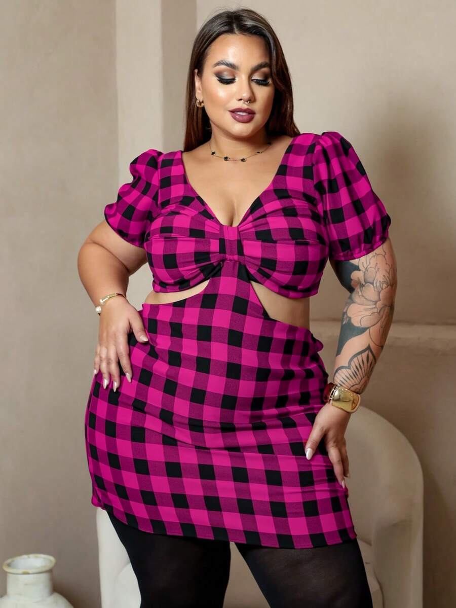 PLUS SIZE CHECKED DRESS FOR JUNE PARTY DUNE FABRIC SHORT SLEEVES SIZES G1 G2 - Rosa Fucsia - Ver 1