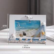 1Pc Seaside Nautical Style Photo Frame – Beach Shell Wood Picture Frame Decoration For Tabletop Or Shelf Display – Coastal Ocean Theme Wooden Ornament For Living Room Bedroom Office