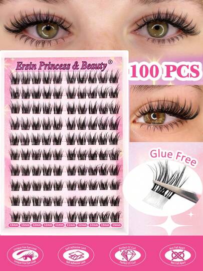 100 Pcs Self Adhesive Lashes Cluster Fluffy 11-13mm Mixed Lengthes Kit, No Glue Needed Fluffy Individual Lashes Self Adhesive DIY Eyelashes Extension Pre-Glued Cluster Lashes Natural Wispy Lashes Extension C Curl Lash Clusters No Glue Need No Remover False Eyelashes