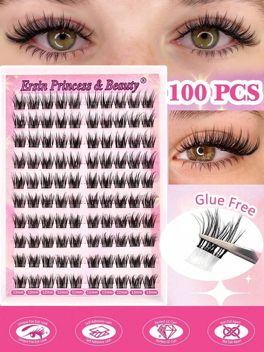 100pcs Self-Adhesive Fluffy False Eyelash Clusters, 11-13mm Mixed Length Set, No Glue Needed, Fluffy Individual Lashes, Self-Adhesive DIY Eyelash Extension, Pre-Glued Lash Clusters, Natural Lengthening C-Curl Lash Clusters, No Glue Or Makeup Remover Required, False Eyelashes, Lash Clusters, Individual Lashes, Eyelashes, False Lashes