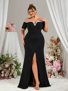 EVERLYL Vestido elegante de verano de punto con hombros caídos, escote en V, diseño de perlas, borde envuelto a la cadera y abertura cruzada, adecuado para invitados de boda, vestidos de graduación, cena