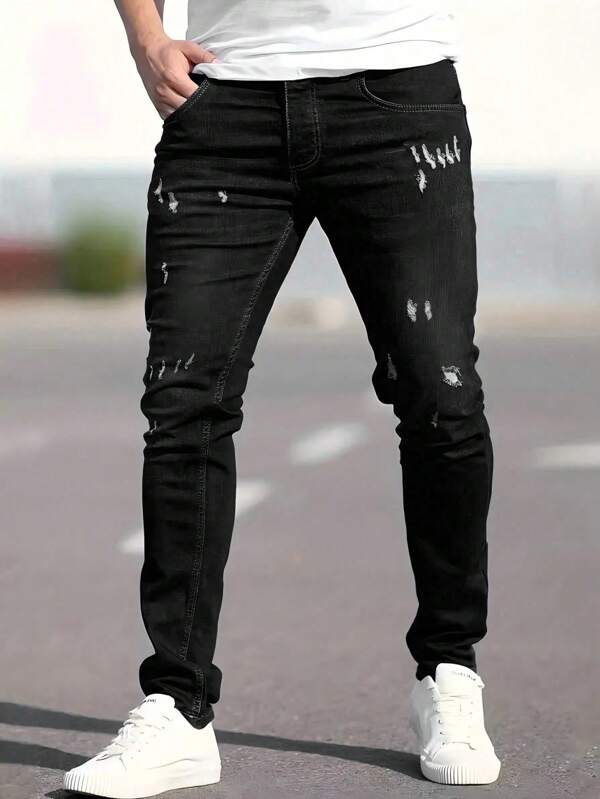 Fashionable Casual Sports Slim-Fit Young Street Style Mature Business Distressed Stretchy Cropped Ankle Pants Tapered Men's Street Style Jeans
