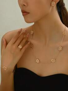 Conjunto de Joias Retrô Minimalista Banhado a Ouro 18K - 4 Peças Conjunto de Colar, Brincos, Pulseira e Anel em Padrão Geométrico de Liga de Zinco, Adequado para Uso Diário e Férias