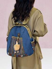 女士刺绣牛仔背包 大容量包 纯色旅行背包