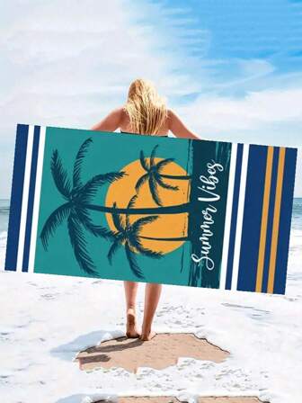 1 Pc Striped Palm Tree Quick Dry Bath Towel Beach Towel, Printed Swimming Large Bath Towel, Sports Towel, Soft & Portable Yoga Exercise Towel, Lightweight Absorbent Beach Blanket For Camping Outdoor Activities Travel, Beach Essentials, Beach Accessories, Pool Float