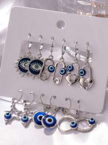 6 对时尚几何圆形、心形、太阳形、星形、魔鬼眼形耳环，适合女性休闲日常装扮（包装不含卡片） - 銀色 - 查看 2