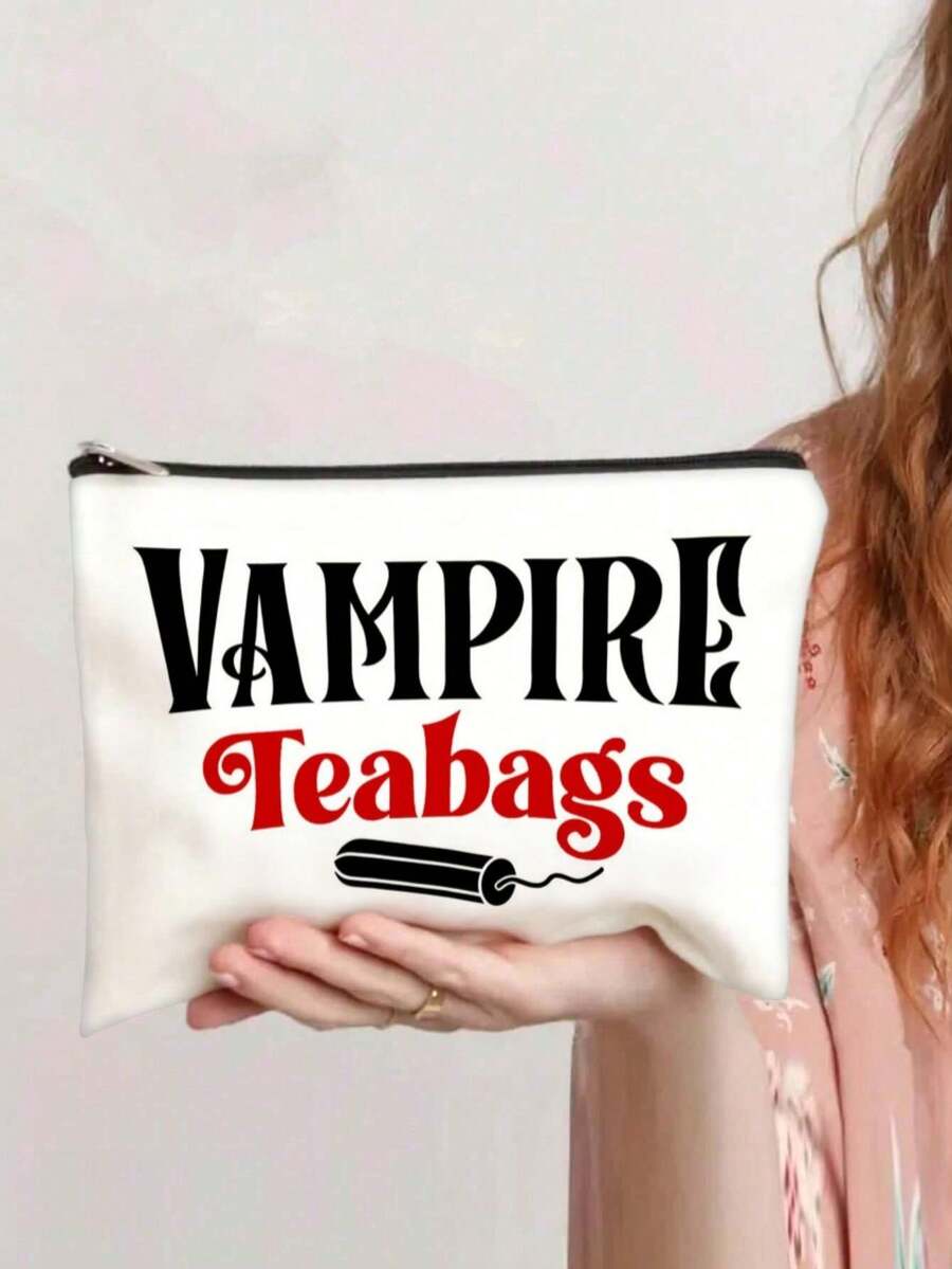 Vampire Teabags Funny Canvas Makeup Bag – White Zipper Pouch With Red & Black Design, Perfect For Period Essentials Or Cosmetic Organization, Cute Makeup Bag Graduation - Multicolor - View 1