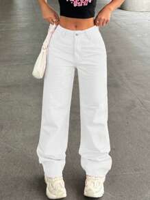 Women Casual Plain Color Water-Washed Wide Leg Denim Jeans For Daily Wear