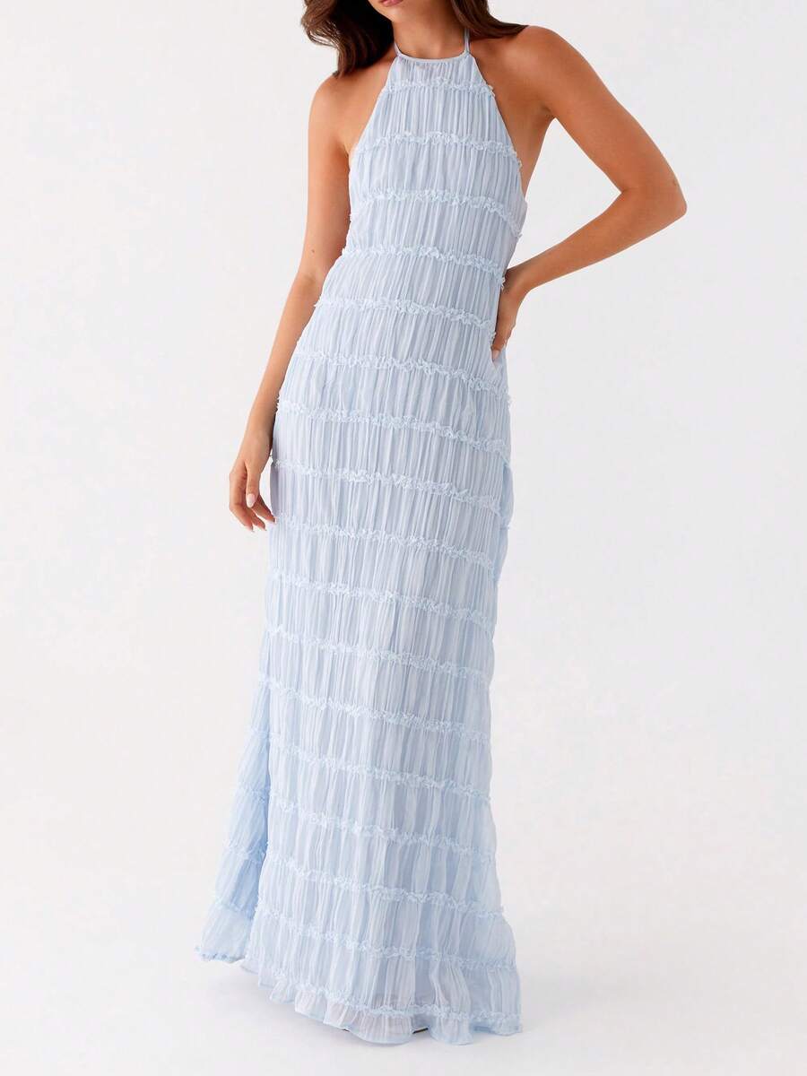 Women's Halter Neck Sleeveless Backless Bodycon Long Dress Ruched Party Evening Cocktail Dresses - Blue - View 1