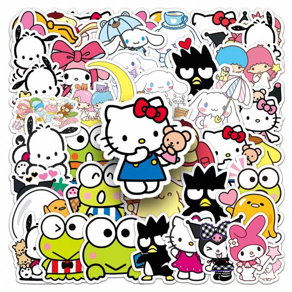 Sanrio 50pcs Character Stickers Set - Authentic Hello Kitty, Kuromi, Pompompurin, Pochacco Decals - PVC Material - Waterproof Stickers For Luggage, Water Bottles, Guitars, Skateboards,School Supplies,Back To School