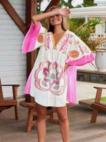 Vestito casual con stampa floreale boho, abbigliamento occidentale da donna, abito da festival musicale bohémien per vacanze estive e spiaggia, dolce abito stile babydoll; Abito aderente a maniche a pipistrello, scollo a V profondo, con stampa, per festa e club, abbigliamento da concerto