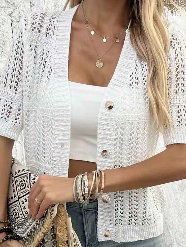 Cardigan corto a maniche corte con bottoni davanti, tinta unita e design traforato, casual e adatto per l'uso quotidiano, colore bianco per l'estate - Bianco - Visualizzare 3