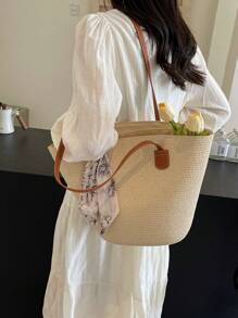 Simple Silk Scarf Decoration Straw Woven Bag For Women, Portable Shoulder Tote Bag Suitable For Vacation Travel