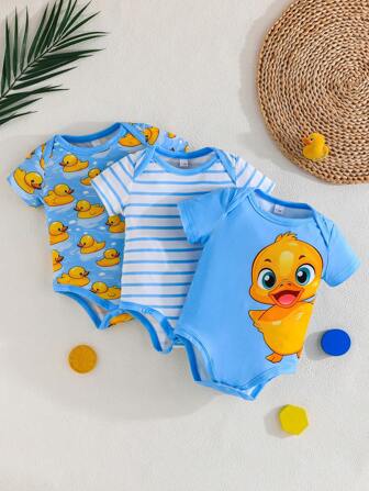 3件套可爱小鸭印花婴儿户外休闲连体衣，短袖按扣三角连体衣，舒适易穿夏季新品