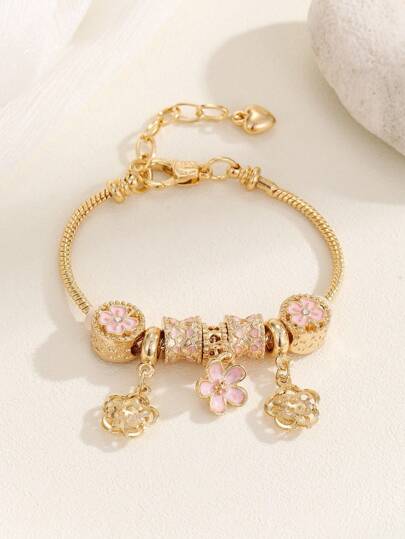 1 Stück Armband für Jugendlichen-Schmuck, einstellbar, einfach und modisch, Zinklegierung, rosa Blumen Serie, Cut Out Blumen, DIY Perlenarmband