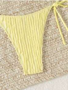 Solid Striped Sexy Knitted Fabric With Tie-Up Design - Yellow - View 3