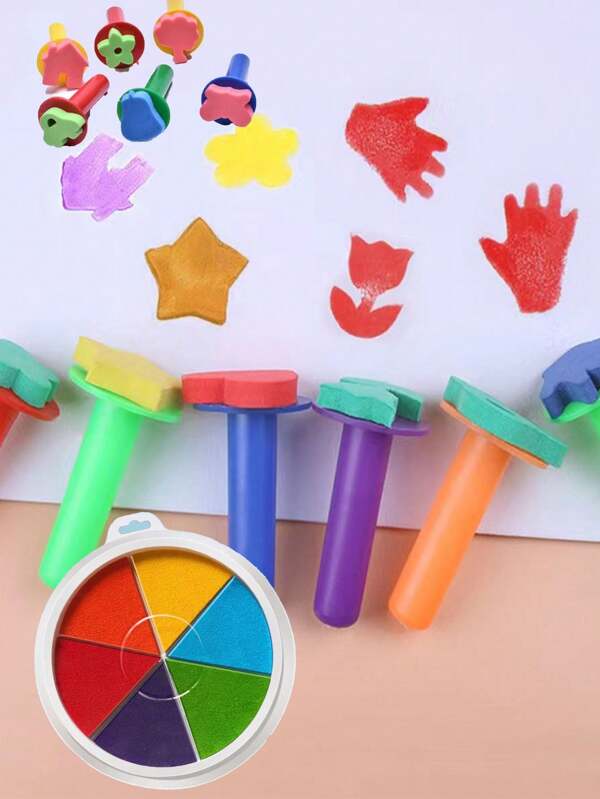 6.1 Children's Day 6-Piece Art Sponge Stamp Set | Washable Handmade Stamps With Various Patterns | DIY Painting Tools Ultimate Stamp Set: 12 Sponge Stamps + 6-Color Ink Pads | A Full Set Of Art Works For Children's Creative Painting And Handmade Projects (Sponge Stamp Patterns Are Sent Randomly),Back To School,School Supplies