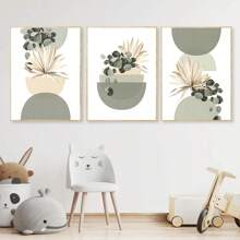 3pcs Bohemian Wall Arts Abstract Beige & Green Plant Eucalyptus Geometric Wall Art Posters, Green Medieval Modern Botanical Bohemian Wall Decor, Ideal Gift For Bedroom, Living Room, Hallway, Mint Green Geometric. Optional Frame
