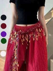 1pc Glitter Hip Scarf, Belly Dance Skirt, Jazz Dance Hip Scarf, Versatile Hiphop Waist Belt