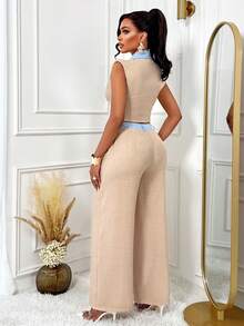 Women's Summer Contrast Color Should Pad Notched Lapel Single-Breasted Cropped Casual Blazer Vest & Pants With Insert Bag Set Two Pieces For Office Look (Belt Not Delivered) - Apricot - View 2