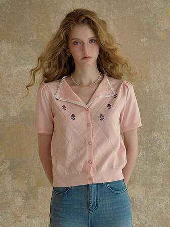Simple Retro Spring - Summer Pink Woolen Cardigan With Diamond Pattern, Floral Embroidery And