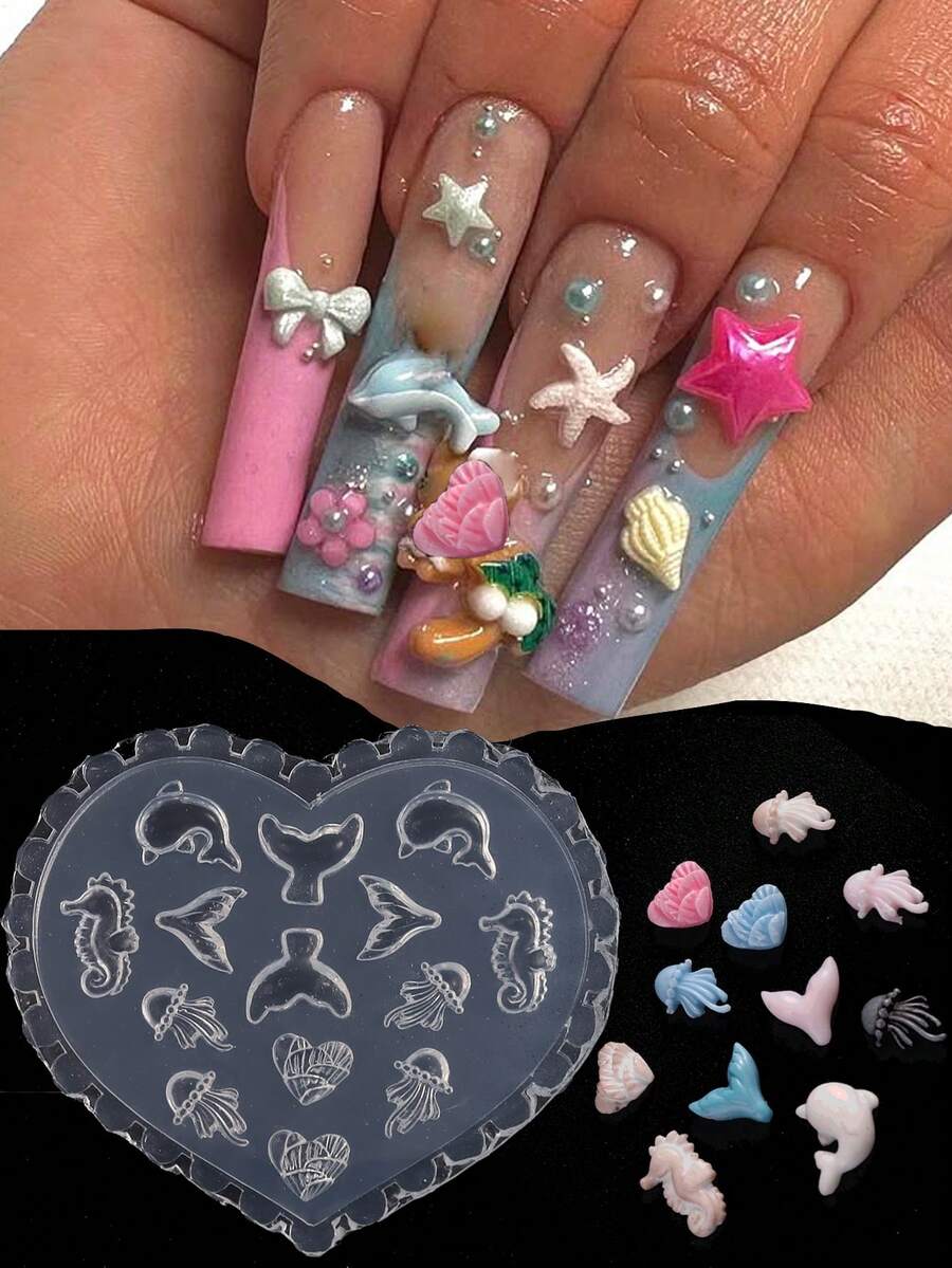 1 件可重复使用 3D 硅胶指甲雕刻模具可爱海马水母海豚图案模具压印设计凝胶 DIY 雕刻模具夏季海洋指甲雕刻模板工具、指甲用品、指甲工具、美甲工具、返校、指甲、按压指甲的指甲工具 - 無色 - 查看 1