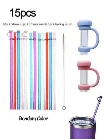 15 件/套吸管、吸管盖和清洁刷，可重复使用透明塑料闪光吸管，适用于 1 加仑杯子、水瓶、带清洁刷的吸管、防尘吸管盖、派对用品、厨房（颜色随机）
