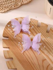2pcs/4pcs/8pcs Girls Net Butterfly Pearl Rhinestone Hair Clips, Retro Style For Holiday & Everyday Wear - Multicolor - View 8