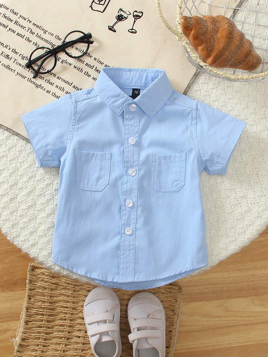 Baby Jungen 1 Stück Lässig Kurzarm Hemd, energiegeladenes Outfit für Ferien-Party/Outdoor-Auftritt, hellblauer Kragen + 3D Cargo Doppeltaschen, atmungsaktives Hemd, bequem für Lässig Party, Geburtstagsparty, Kindermoderation, Aufführung, Strandurlaub