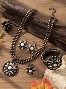 4 Stücke/Set Retro Europäischer & Amerikanischer Stil Boho Sonnenblumen Design Zinklegierung Vintage Kupfer Türkis Perlen Halskette, Ohrringe, Ring, Armband Set, geeignet für Kleidungskombination, Alltagstragen, Partys, Feiertage