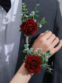 2 pièces Élégant Corsage de poignet et broche en tissu rose de princesse, convient pour le mariage, les fiançailles - Ornements de rose artificielle, pour la mariée, le marié, le cortège de mariage, le bal de promo - Décoration suspendue thématique, parfait pour Thanksgiving, la Saint-Valentin, la Fête des Mères, la Fête des Pères, la Remise des diplômes