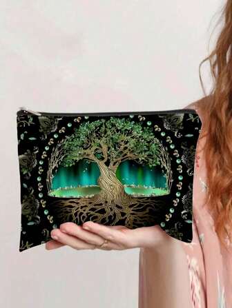 Una elegante bolsa de maquillaje con diseño de árbol del mundo para mujer, hecha de poliéster, perfecta para viajes al aire libre y uso diario. Un gran regalo para damas. Regalo de Navidad
