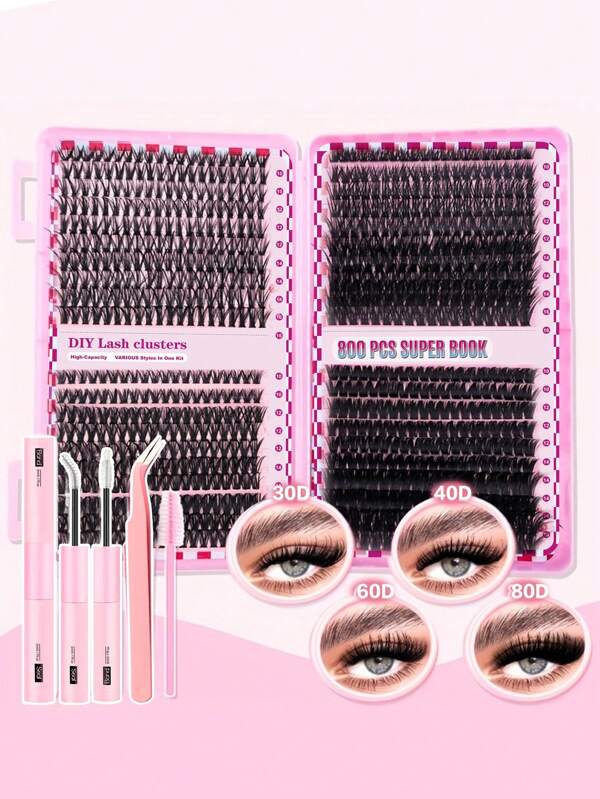 Waloshow Set de 800/700/600 piezas Kit de extensiones de pestañas en grupo DIY, pegamento de 2 en 1, pinzas, cepillo para pestañas, grupos de pestañas de 9-16mm en mezcla de 30D+40D+60D+80D+100D para principiantes DIY en casa y reutilizable